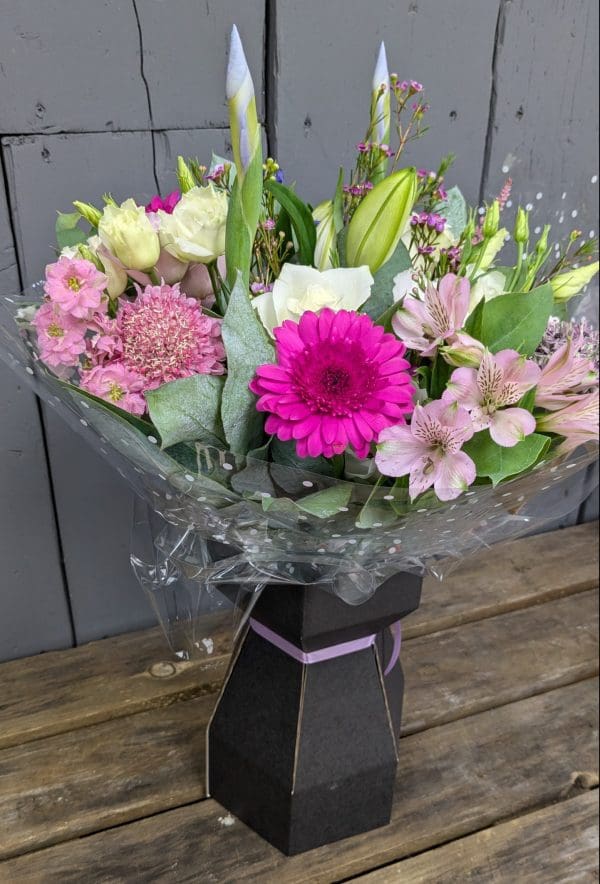 garden-of-eden-flower-shop-stocksbridge-florist-choice-bouquet-4 Florist's Choice Bouquet of flowers with bright pink and purple colours, lilies and foliage